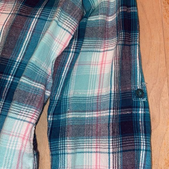 🌺 GEORGE Teal Plaid Roll Tab Sleeve Button Down Shirt - Picture 5 of 6